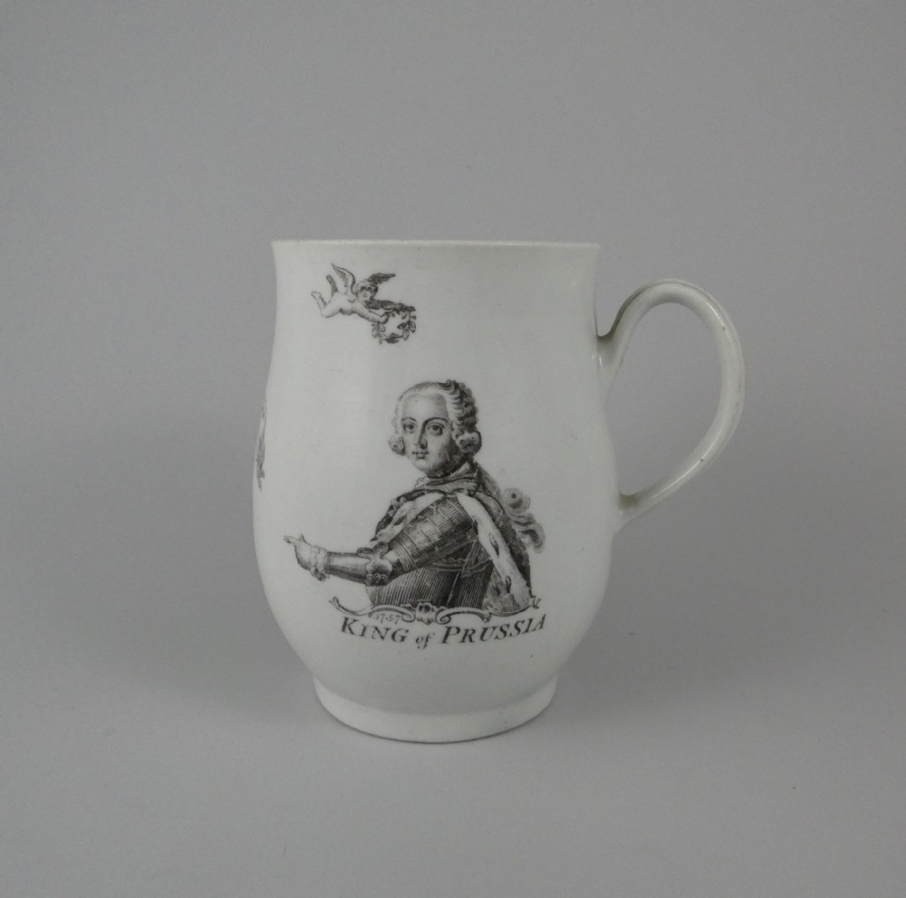 Worcester porcelain mug. King of Prussia, dated 1757.