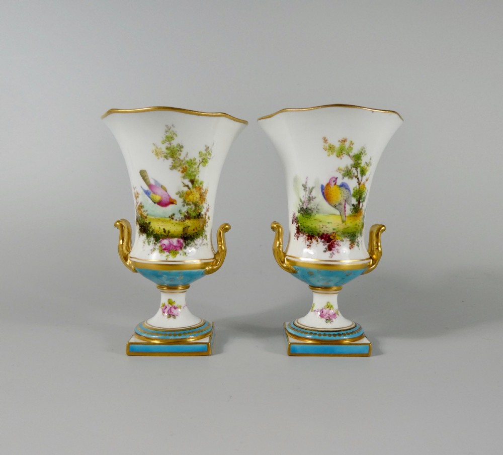 Pair Royal Crown Derby vases. Exotic birds. Signed C. Harris, dated 1909.