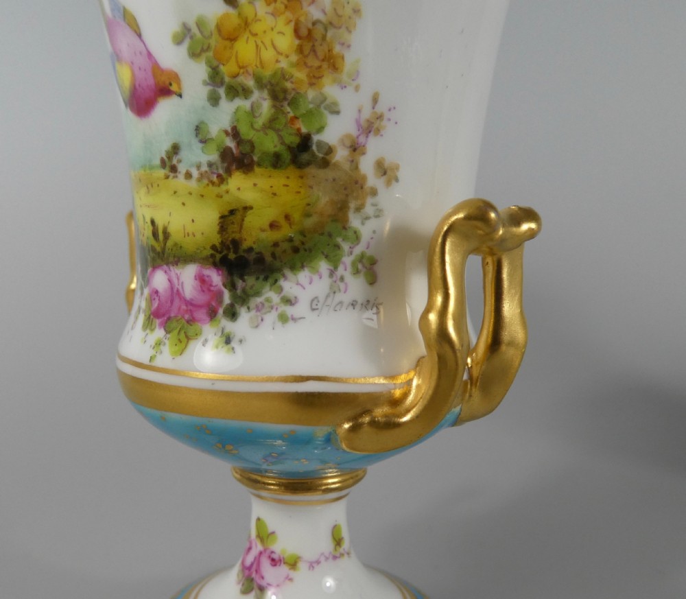 Pair Royal Crown Derby vases. Exotic birds. Signed C. Harris, dated 1909. View III