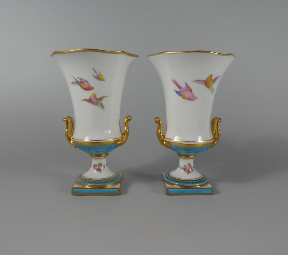 Pair Royal Crown Derby vases. Exotic birds. Signed C. Harris, dated 1909. View V