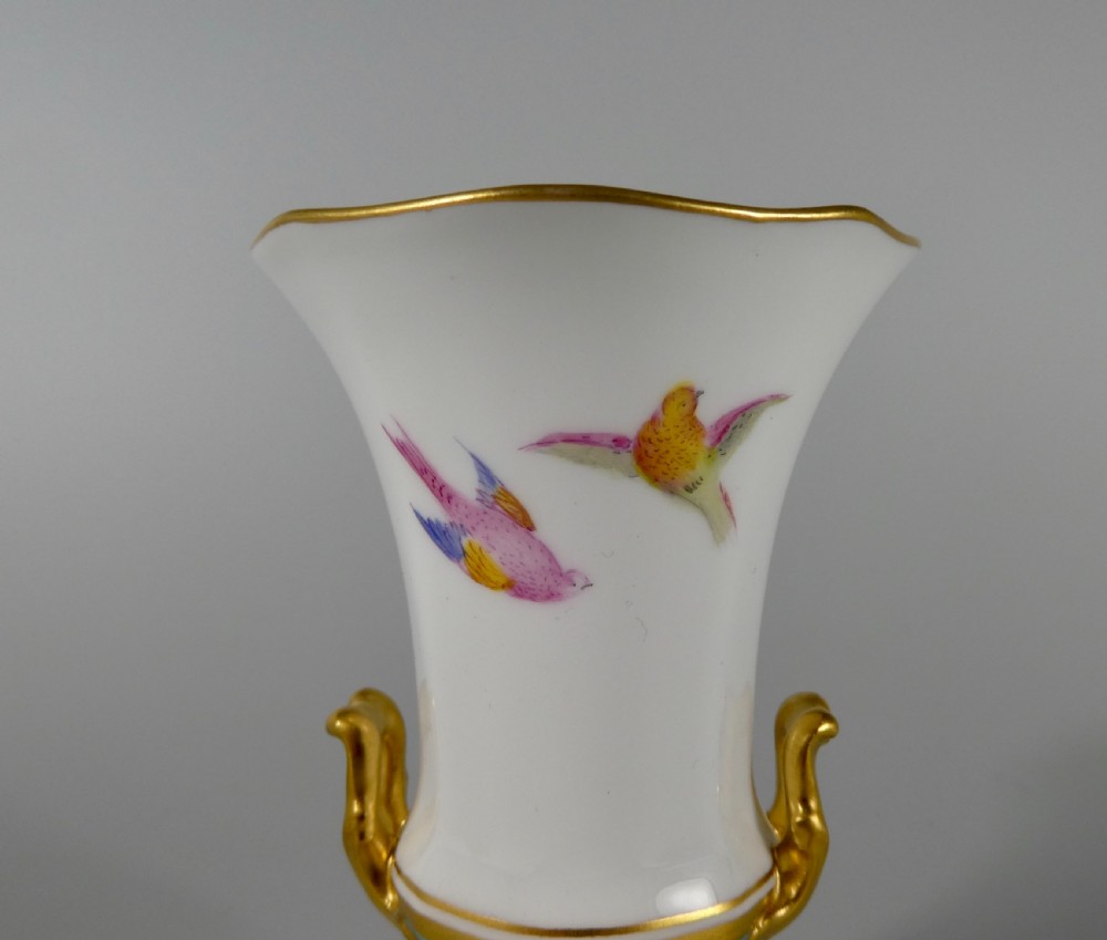 Pair Royal Crown Derby vases. Exotic birds. Signed C. Harris, dated 1909. View X