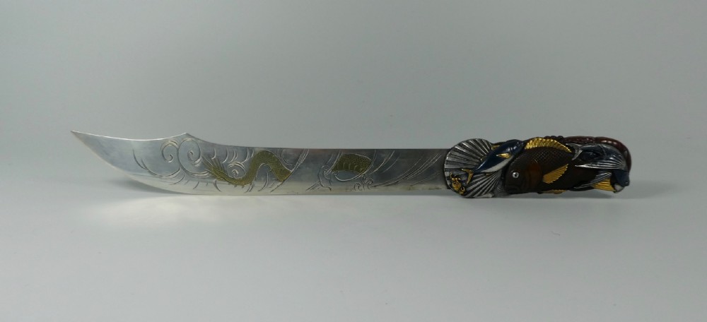 Japanese mixed metal paper knife. Fish & crustacea, Meiji Period 1868-1912.