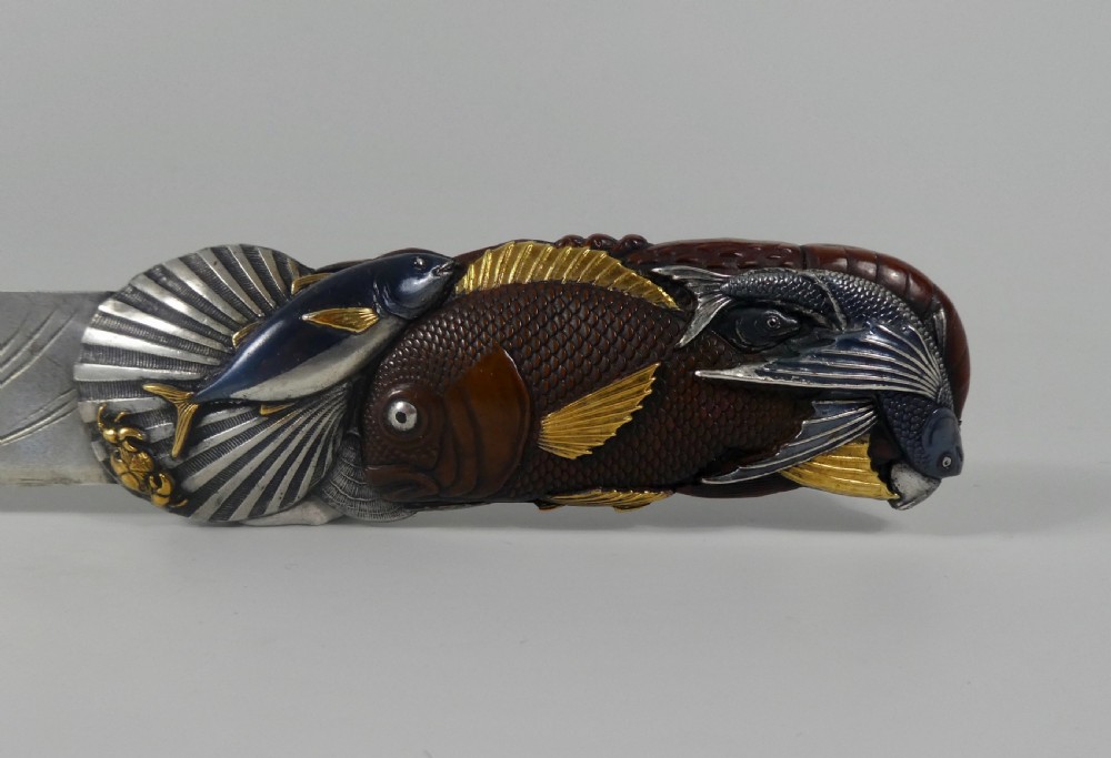 Japanese mixed metal paper knife. Fish & crustacea, Meiji Period 1868-1912. View II