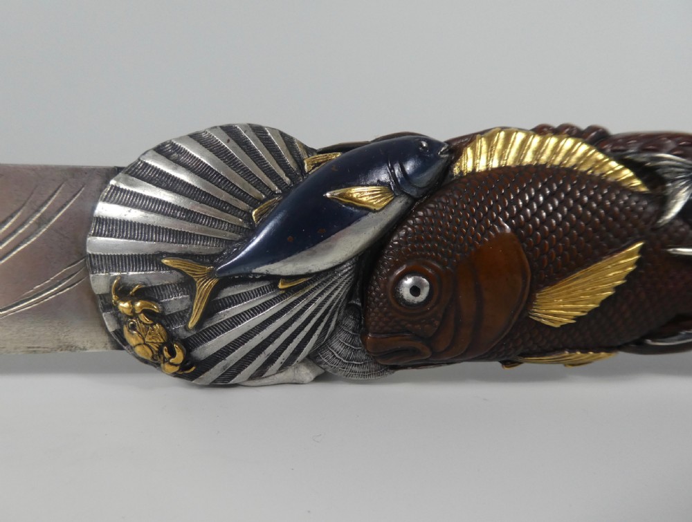 Japanese mixed metal paper knife. Fish & crustacea, Meiji Period 1868-1912. View IV