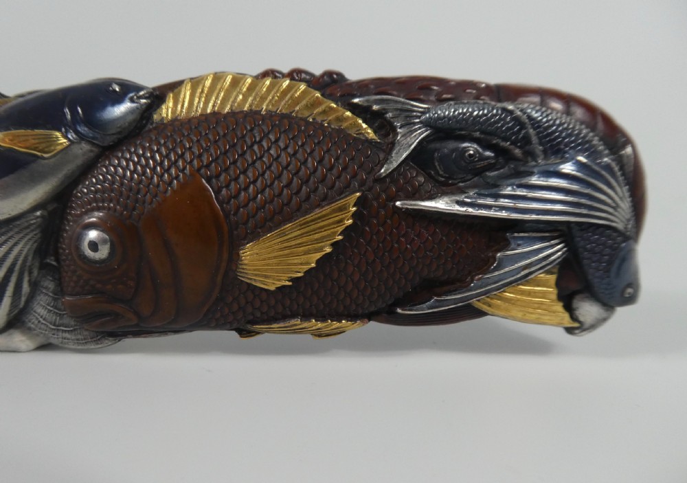 Japanese mixed metal paper knife. Fish & crustacea, Meiji Period 1868-1912. View V