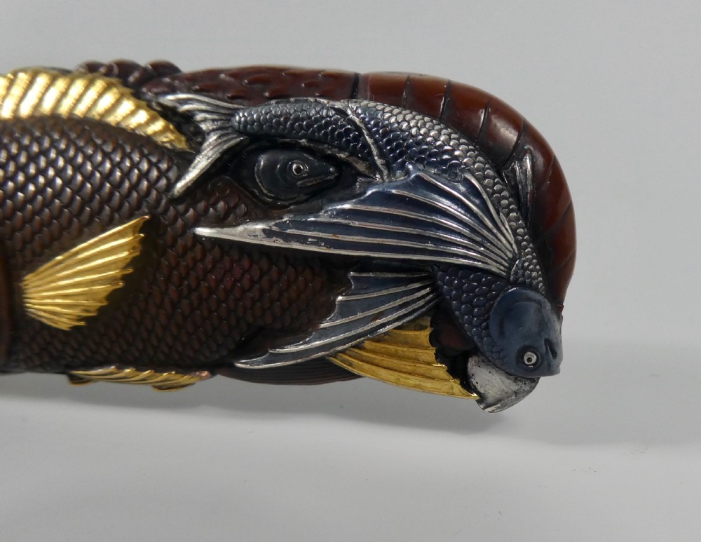 Japanese mixed metal paper knife. Fish & crustacea, Meiji Period 1868-1912. View VI