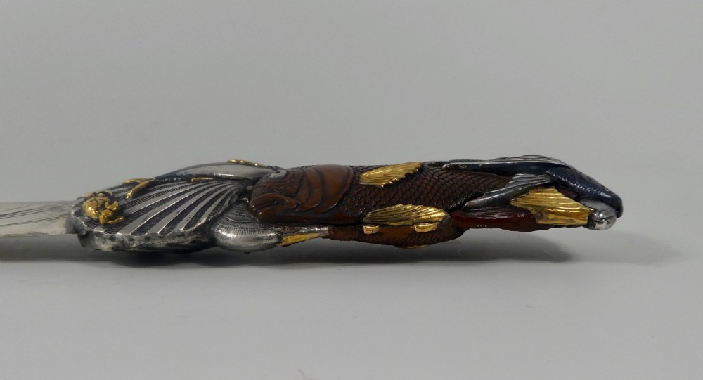 Japanese mixed metal paper knife. Fish & crustacea, Meiji Period 1868-1912. View VII