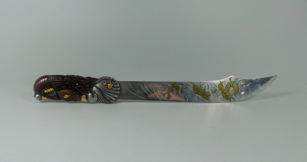 Japanese mixed metal paper knife. Fish & crustacea, Meiji Period 1868-1912. View VIII