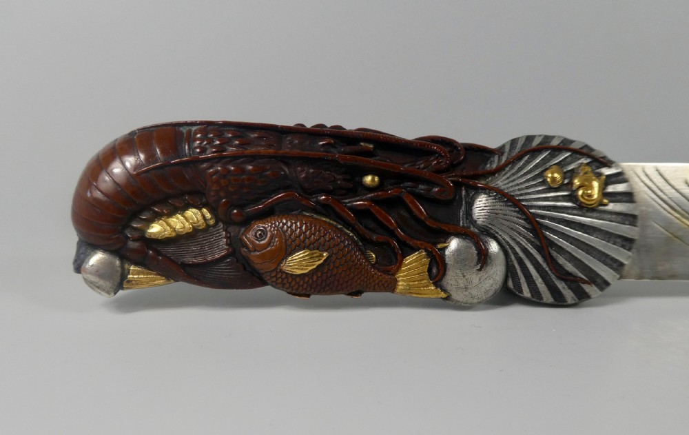 Japanese mixed metal paper knife. Fish & crustacea, Meiji Period 1868-1912. View IX