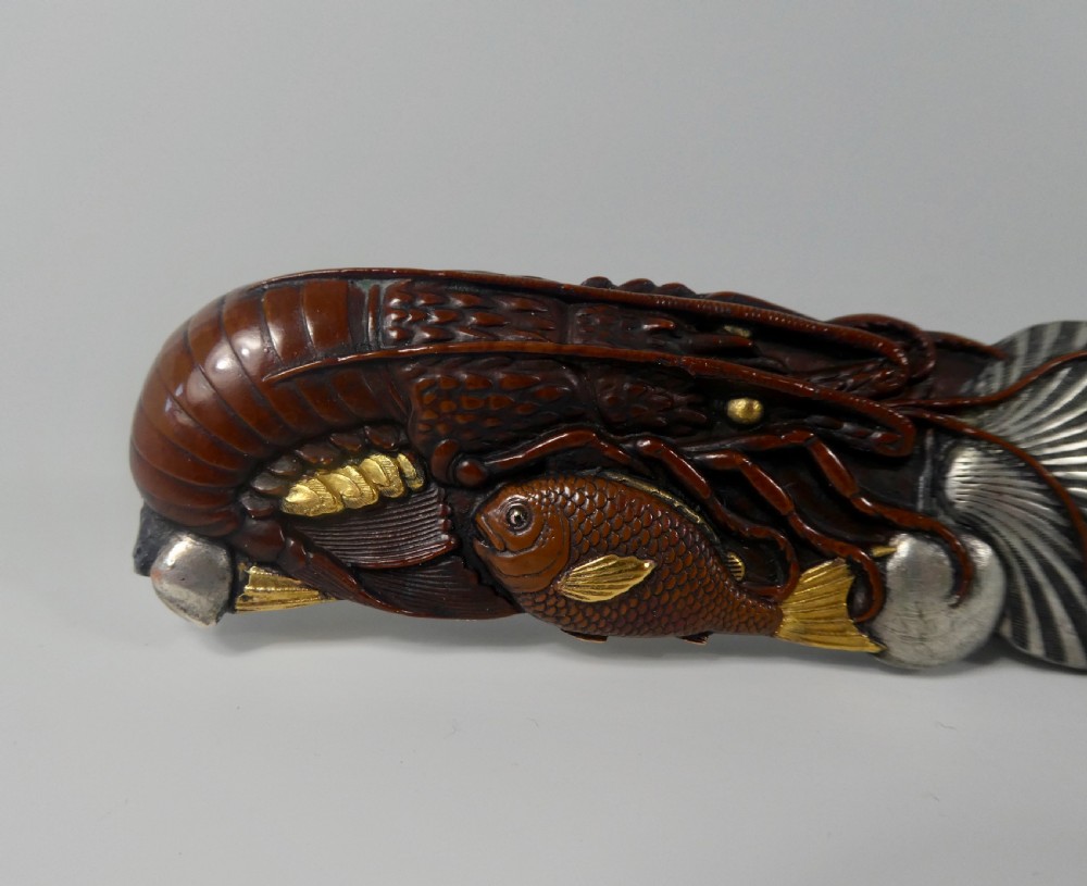 Japanese mixed metal paper knife. Fish & crustacea, Meiji Period 1868-1912. View XI