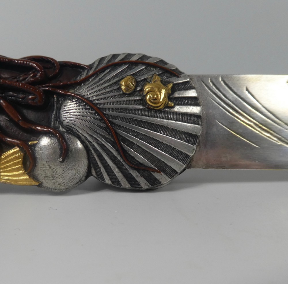 Japanese mixed metal paper knife. Fish & crustacea, Meiji Period 1868-1912. View XIII