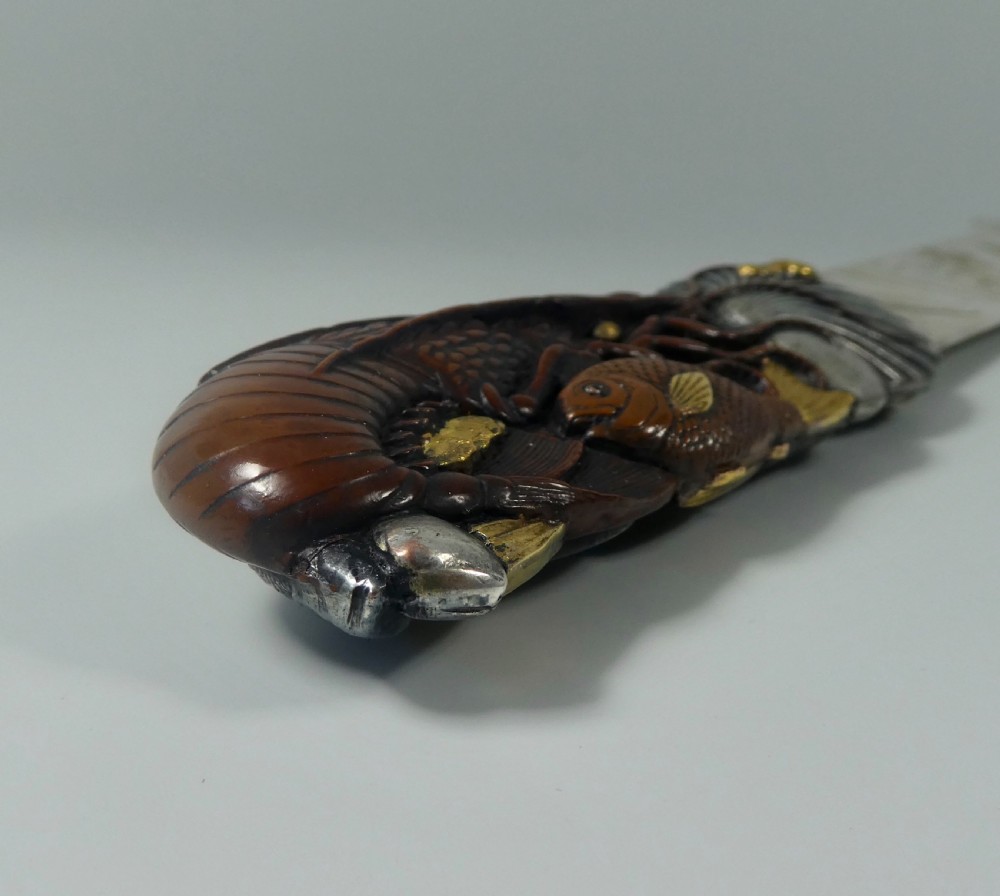 Japanese mixed metal paper knife. Fish & crustacea, Meiji Period 1868-1912. View XIV