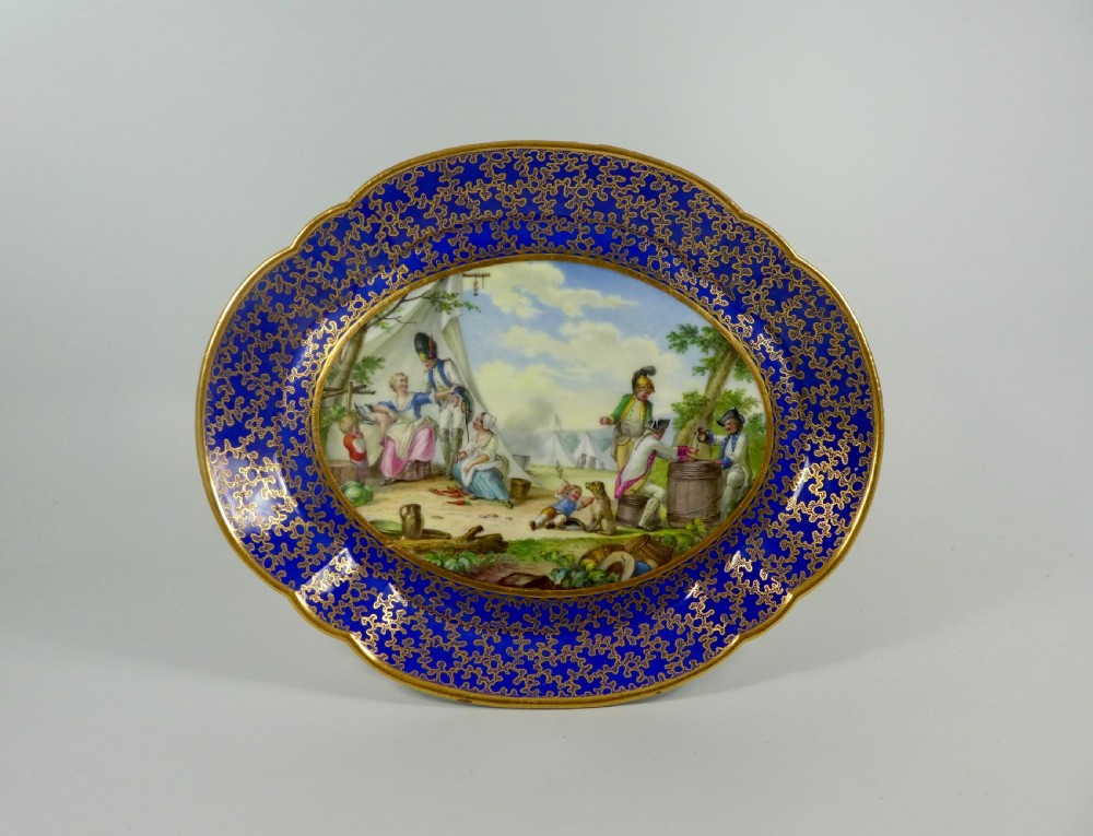 Sevres style porcelain dish. Military encampment, c. 1850.