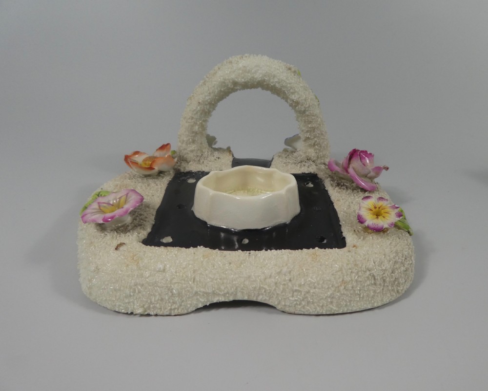 Staffordshire porcellaneous cottage pastille burner & stand, c. 1830. View VI