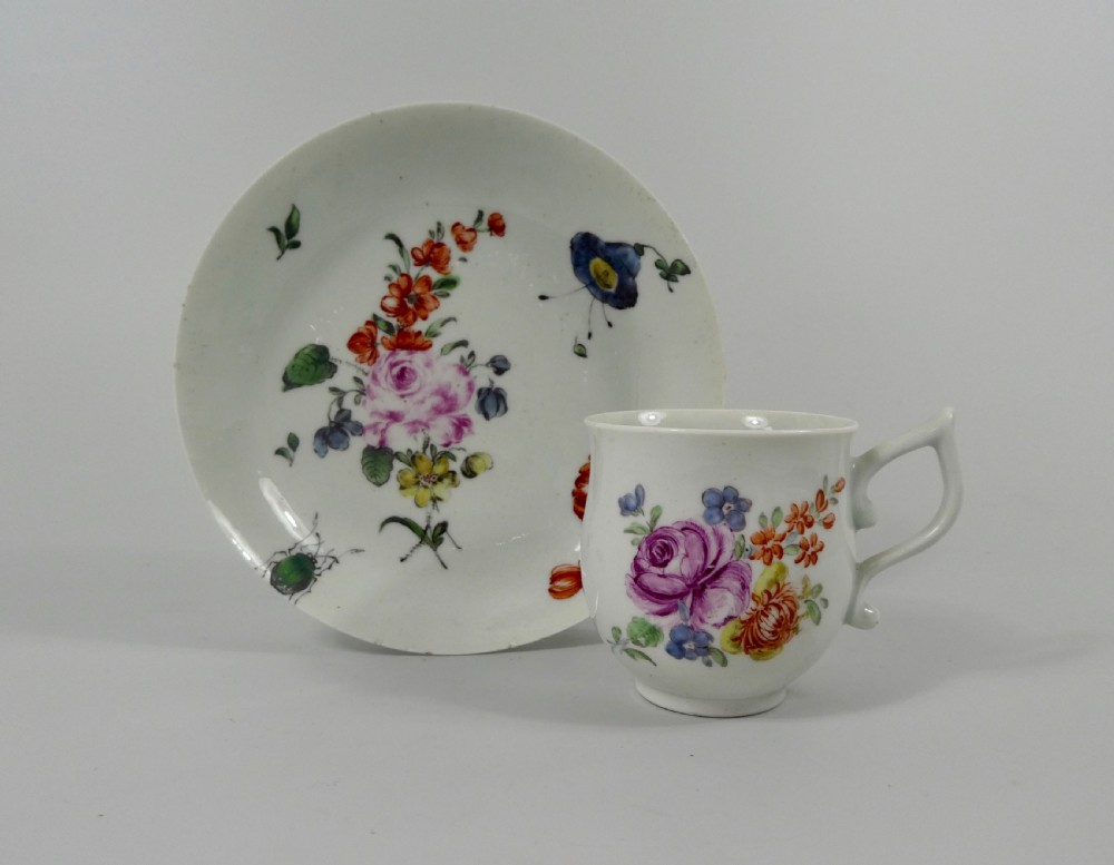 Worcester porcelain cup and saucer, c. 1765.