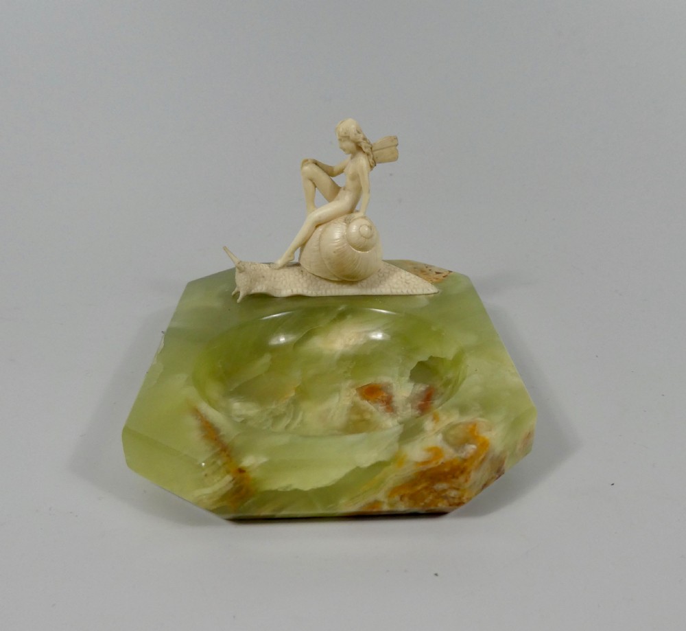 Fairy riding a snail. Art Deco ivory group, after Ferdinand Preiss, c. 1920. View II