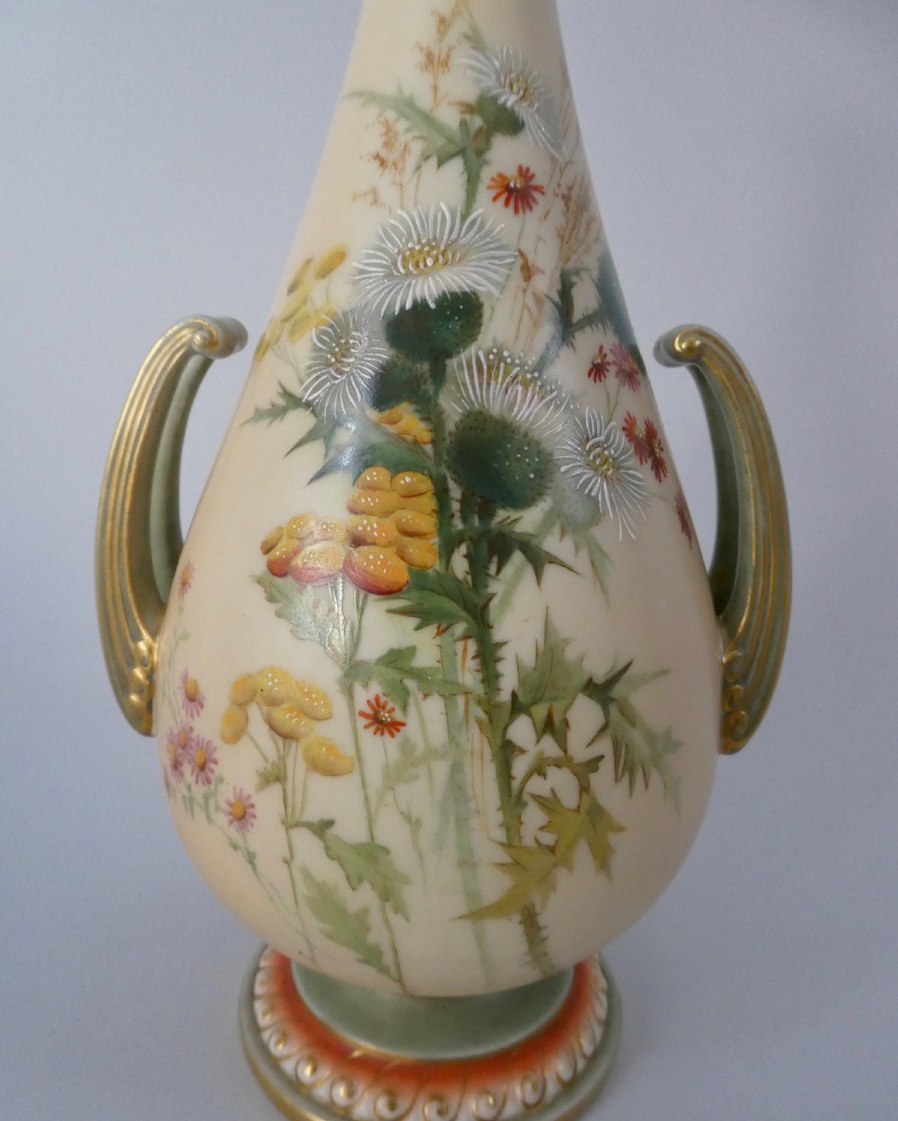 Royal Worcester porcelain vase. Thistles. Dated 1901. View II