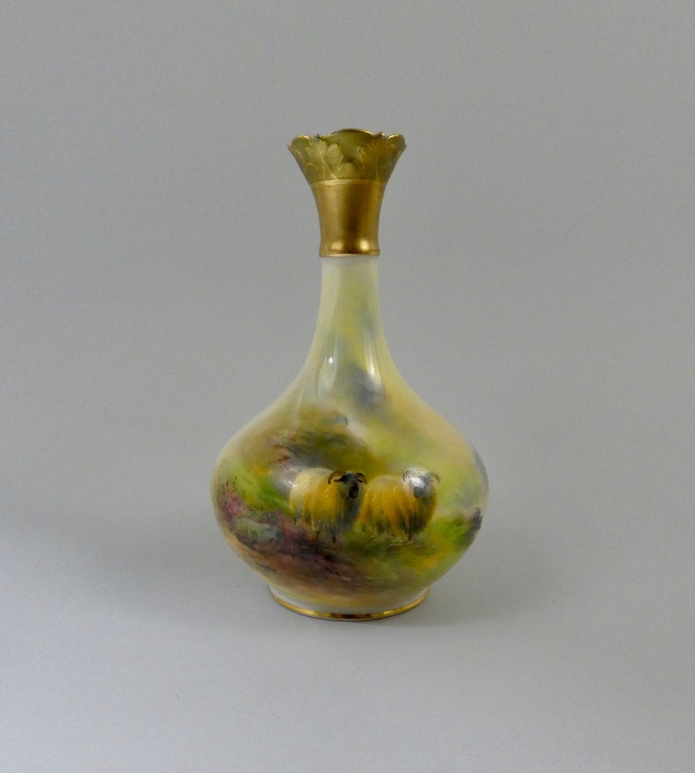 Royal Worcester porcelain vase. Sheep, by Harry Davis, dated 1914.