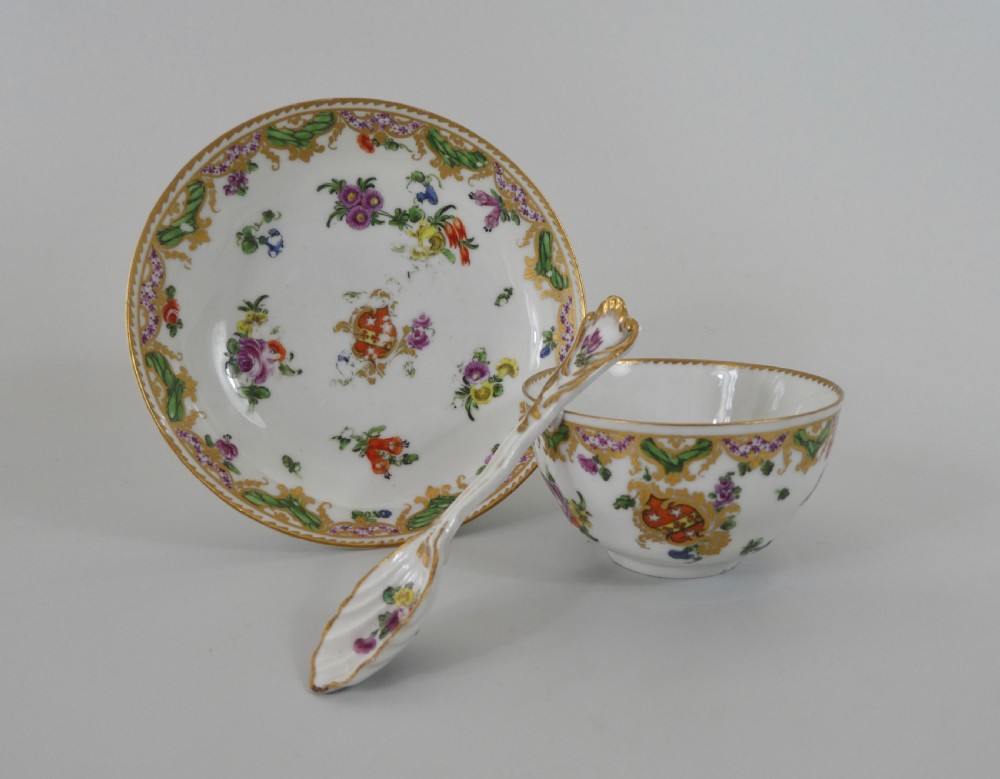 Bristol porcelain cup, saucer & spoon, c. 1775. Ludlow Service.