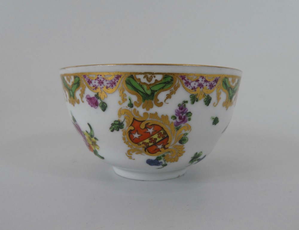 Bristol porcelain cup, saucer & spoon, c. 1775. Ludlow Service. View IV