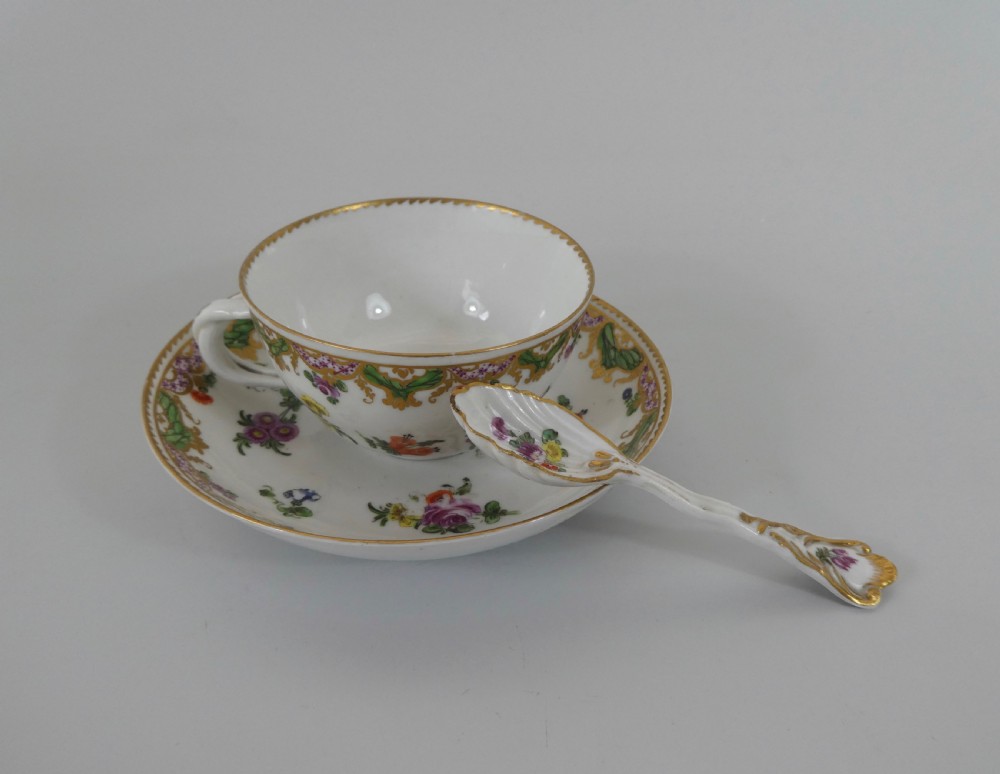 Bristol porcelain cup, saucer & spoon, c. 1775. Ludlow Service. View X