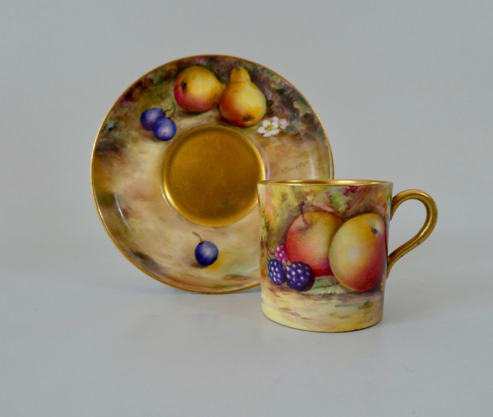 Royal Worcester coffee can and saucer. Fruit, dated 1925.