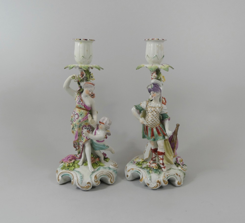 Pair Derby porcelain candlesticks, c. 1760.