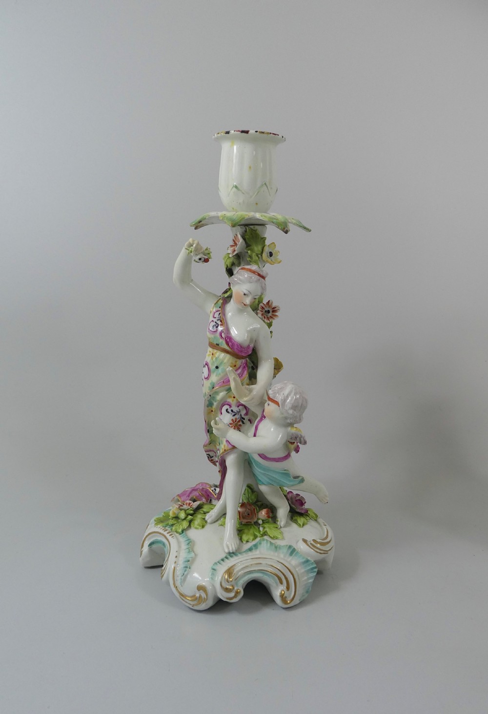 Pair Derby porcelain candlesticks, c. 1760. View II