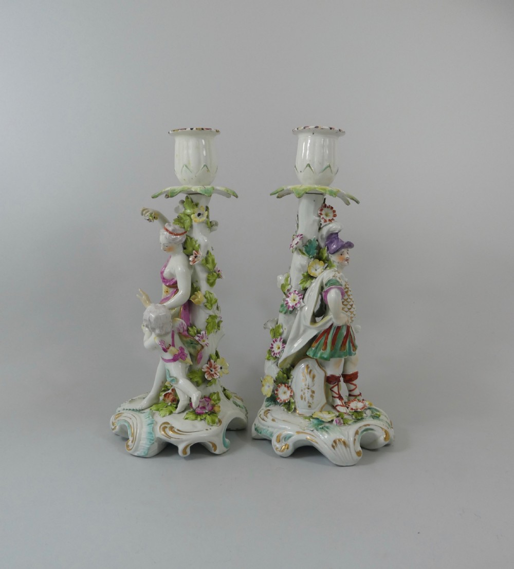 Pair Derby porcelain candlesticks, c. 1760. View V