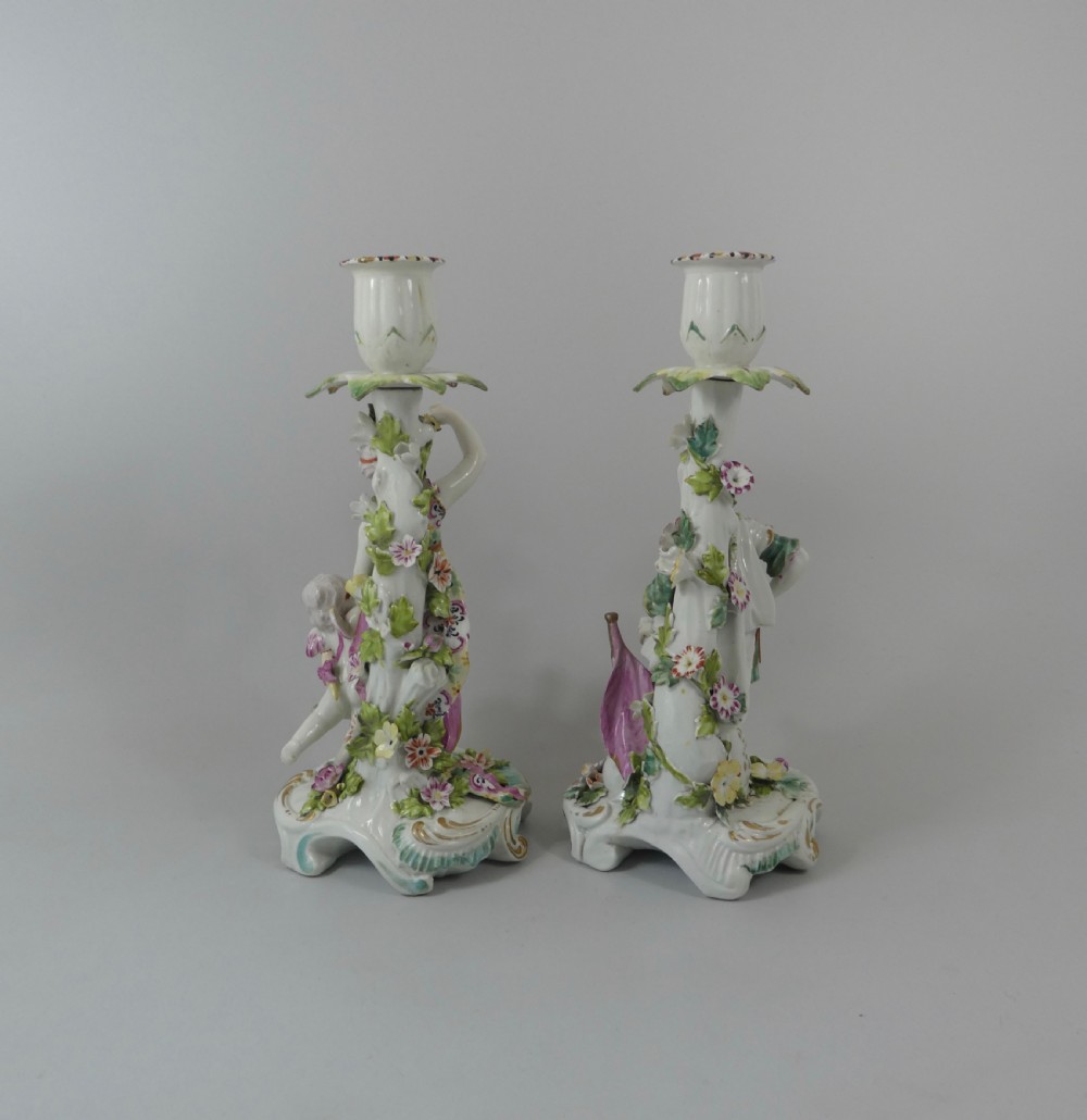 Pair Derby porcelain candlesticks, c. 1760. View VI