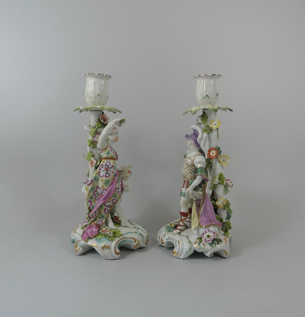 Pair Derby porcelain candlesticks, c. 1760. View VII