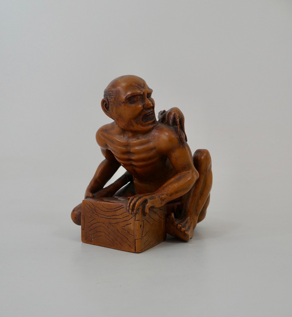 Japanese boxwood okimono ‘The Rat Catcher’. Meiji Period. View III