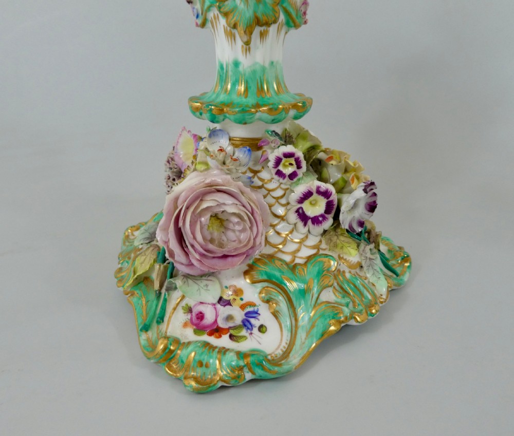 Pair Coalport flower encrusted porcelain candlesticks, c. 1830. View III