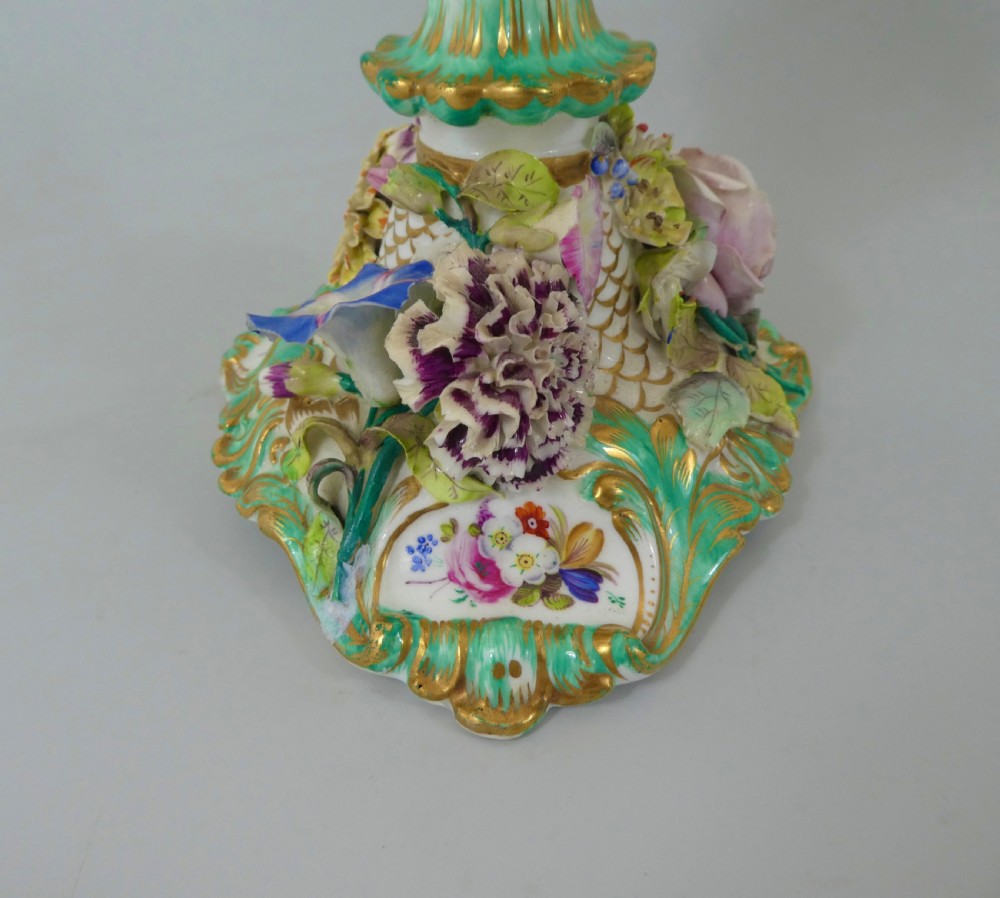 Pair Coalport flower encrusted porcelain candlesticks, c. 1830. View VIII
