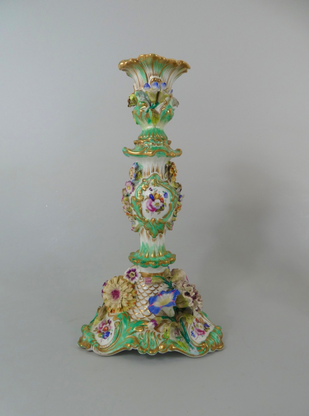 Pair Coalport flower encrusted porcelain candlesticks, c. 1830. View IX