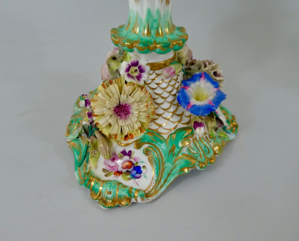 Pair Coalport flower encrusted porcelain candlesticks, c. 1830. View X