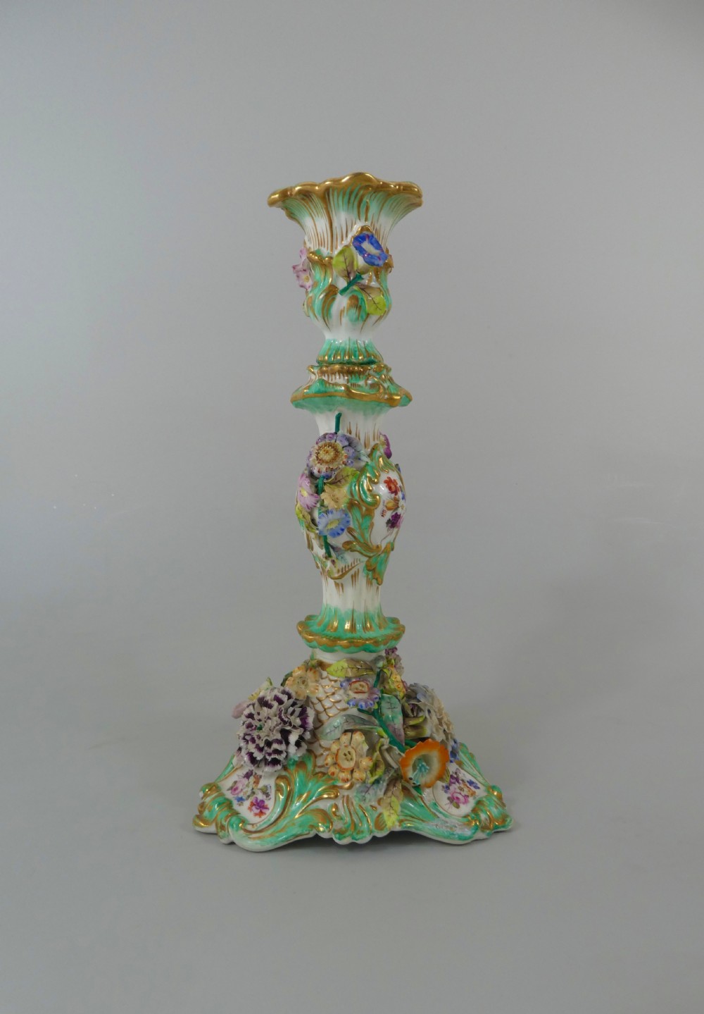 Pair Coalport flower encrusted porcelain candlesticks, c. 1830. View XI