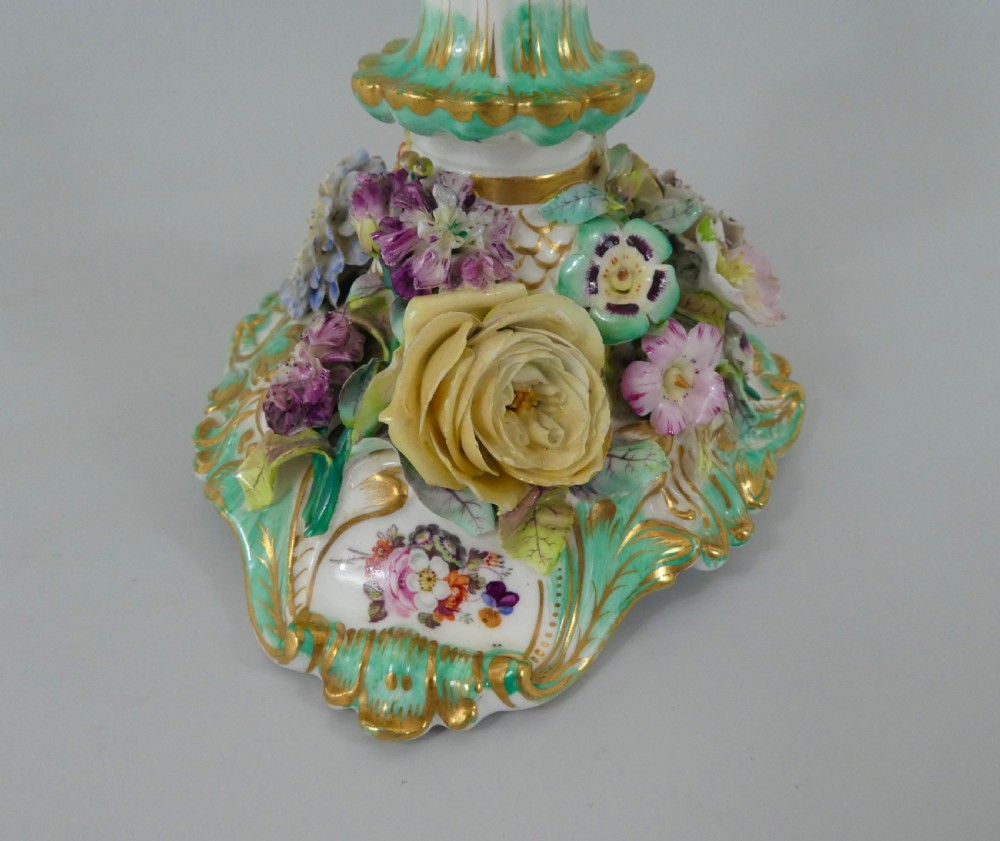 Pair Coalport flower encrusted porcelain candlesticks, c. 1830. View XII