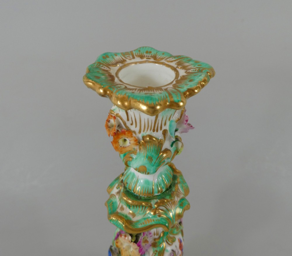 Pair Coalport flower encrusted porcelain candlesticks, c. 1830. View XIII