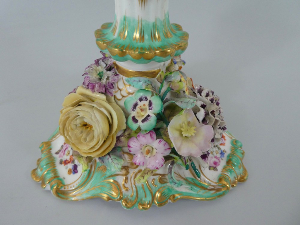 Pair Coalport flower encrusted porcelain candlesticks, c. 1830. View XV