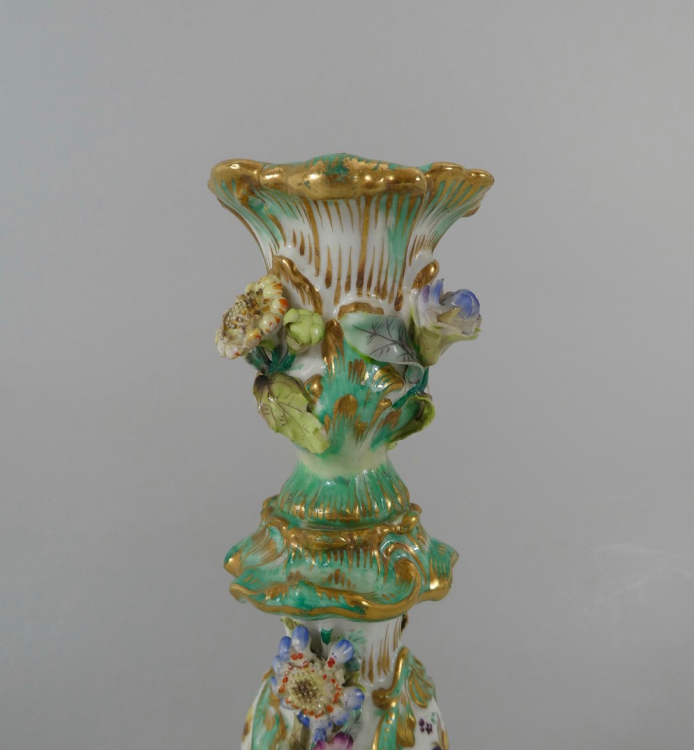 Pair Coalport flower encrusted porcelain candlesticks, c. 1830. View XVII