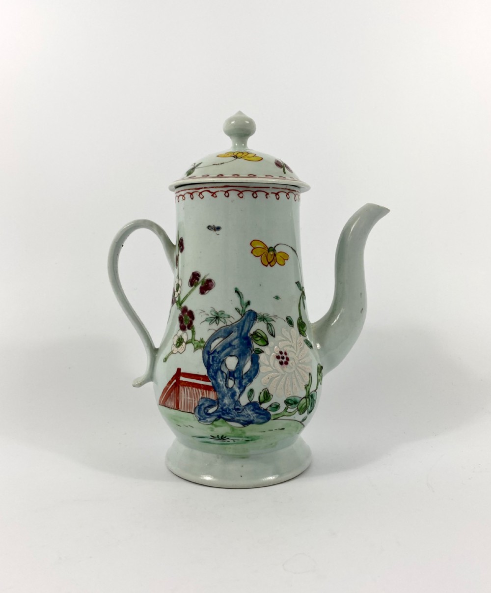 Richard Chaffers, Liverpool porcelain coffee pot and cover, c. 1758.