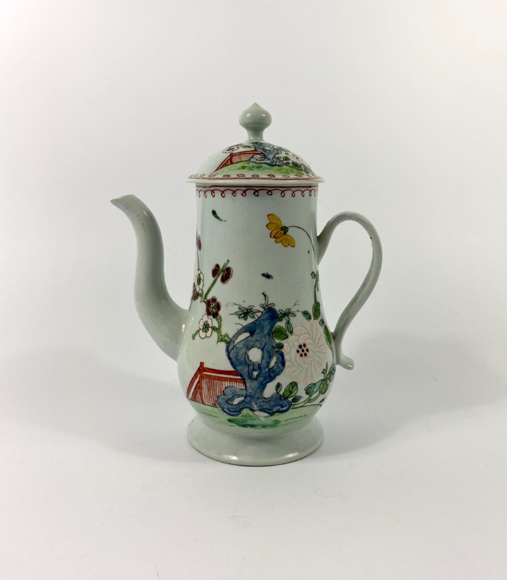 Richard Chaffers, Liverpool porcelain coffee pot and cover, c. 1758. View IV