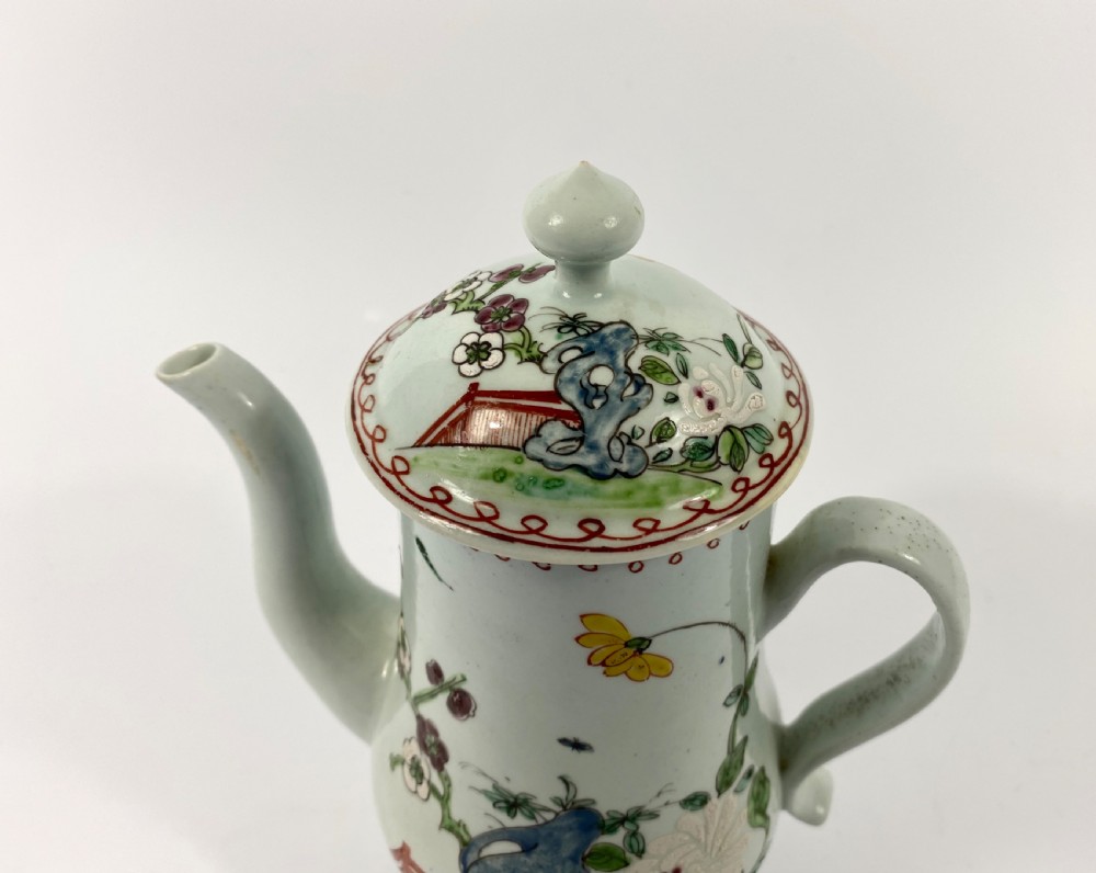 Richard Chaffers, Liverpool porcelain coffee pot and cover, c. 1758. View VI