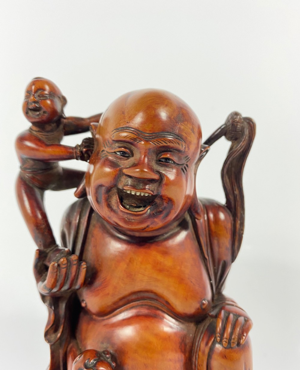 Chinese carved Buddha & HeHe Erxian twins. Qing Dynasty. View II