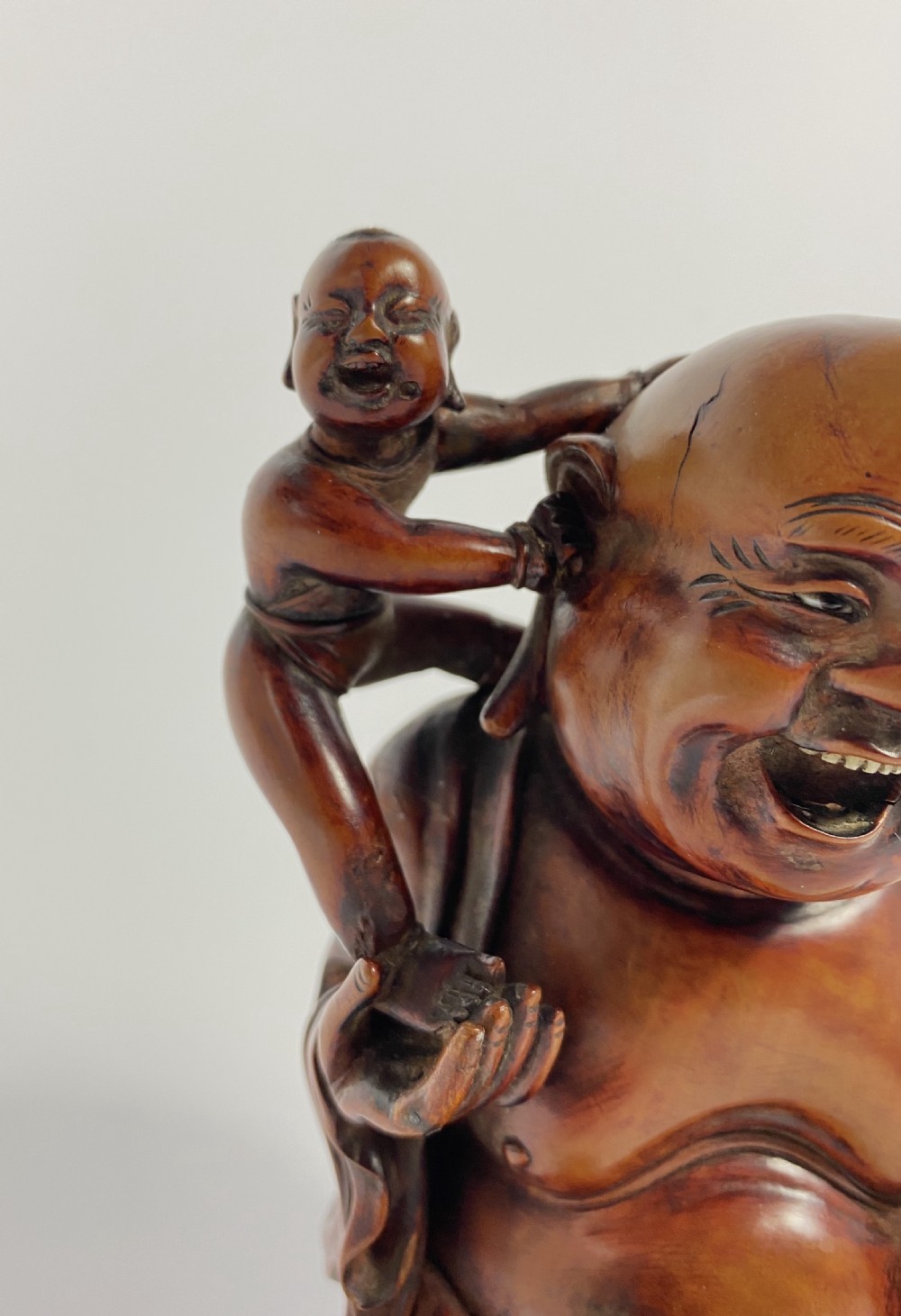 Chinese carved Buddha & HeHe Erxian twins. Qing Dynasty. View III