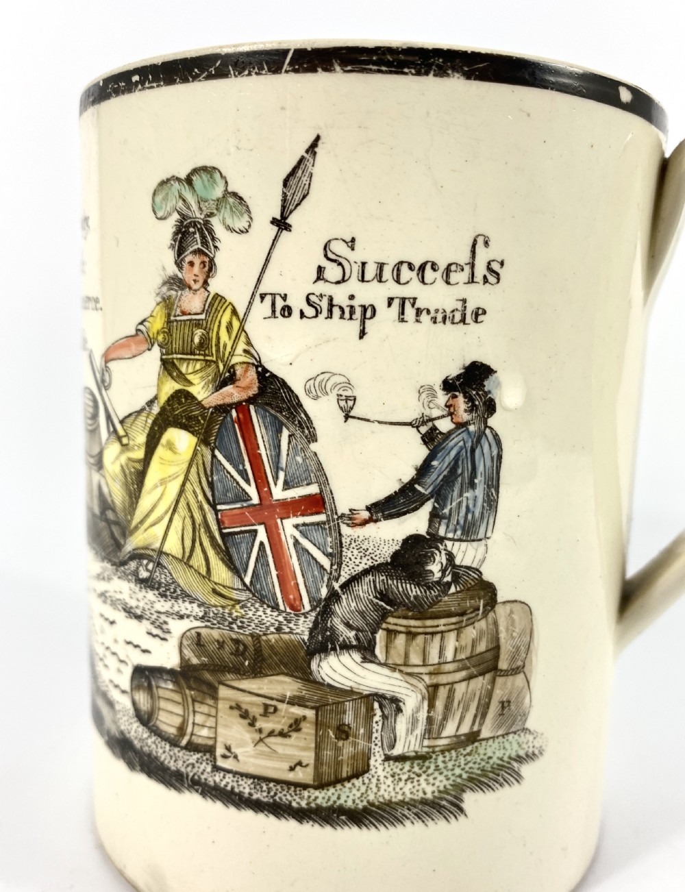 English creamware ‘Success to Ship Trade’ mug, c. 1790. View IV