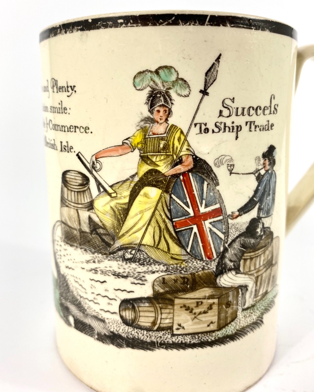 English creamware ‘Success to Ship Trade’ mug, c. 1790. View XI