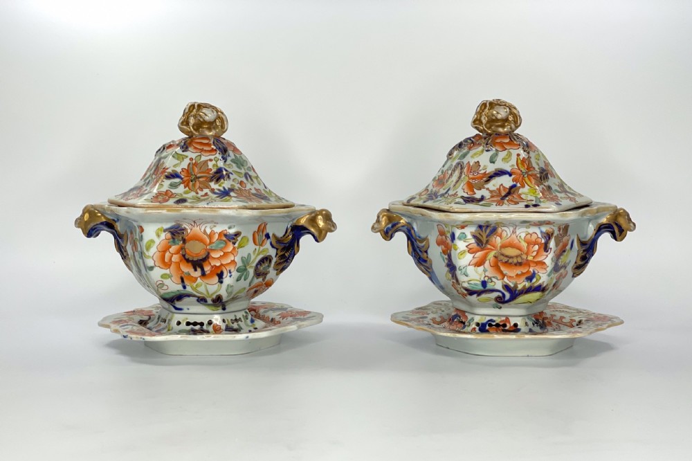 Pair Masons Ironstone tureens, covers and stands, c. 1815.