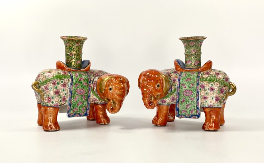Pair Chinese porcelain elephant joss stick holders, c. 1850. Qing Dynasty.